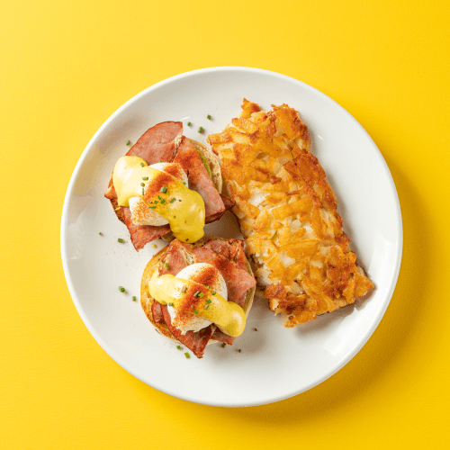 House Benedict with poached eggs and ham