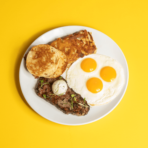NY Steak and Eggs with hash browns
