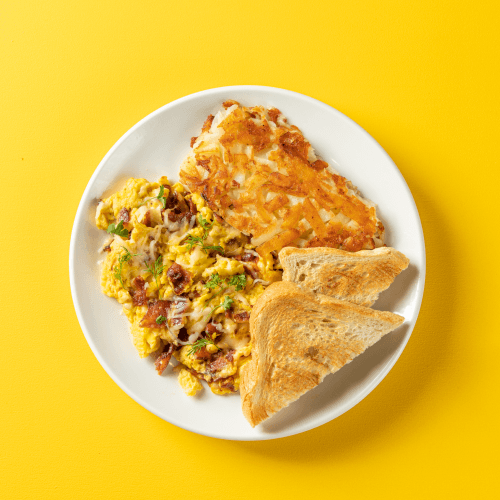 Morning Scramble with hash browns and toast